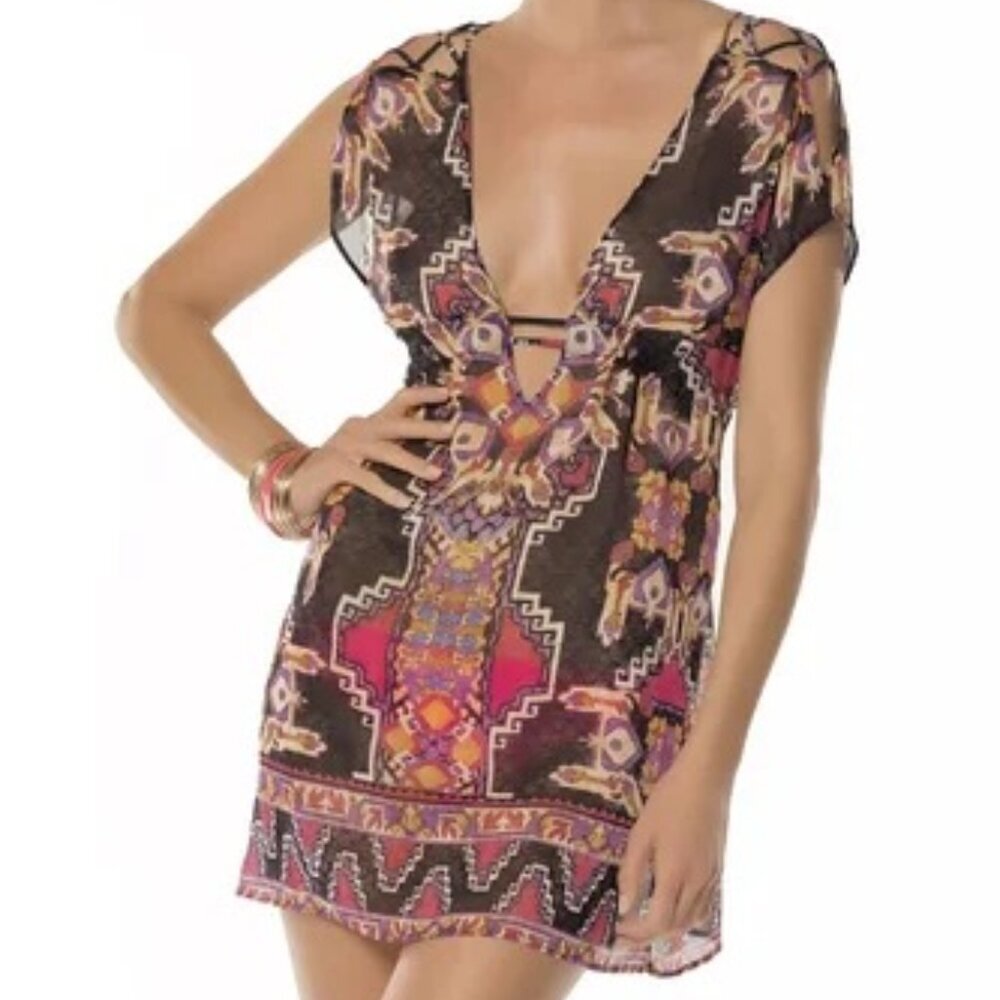 BECCA Swim Chiffon Aztec Coverup Beach Resort Wear Plunge Neckline XS S